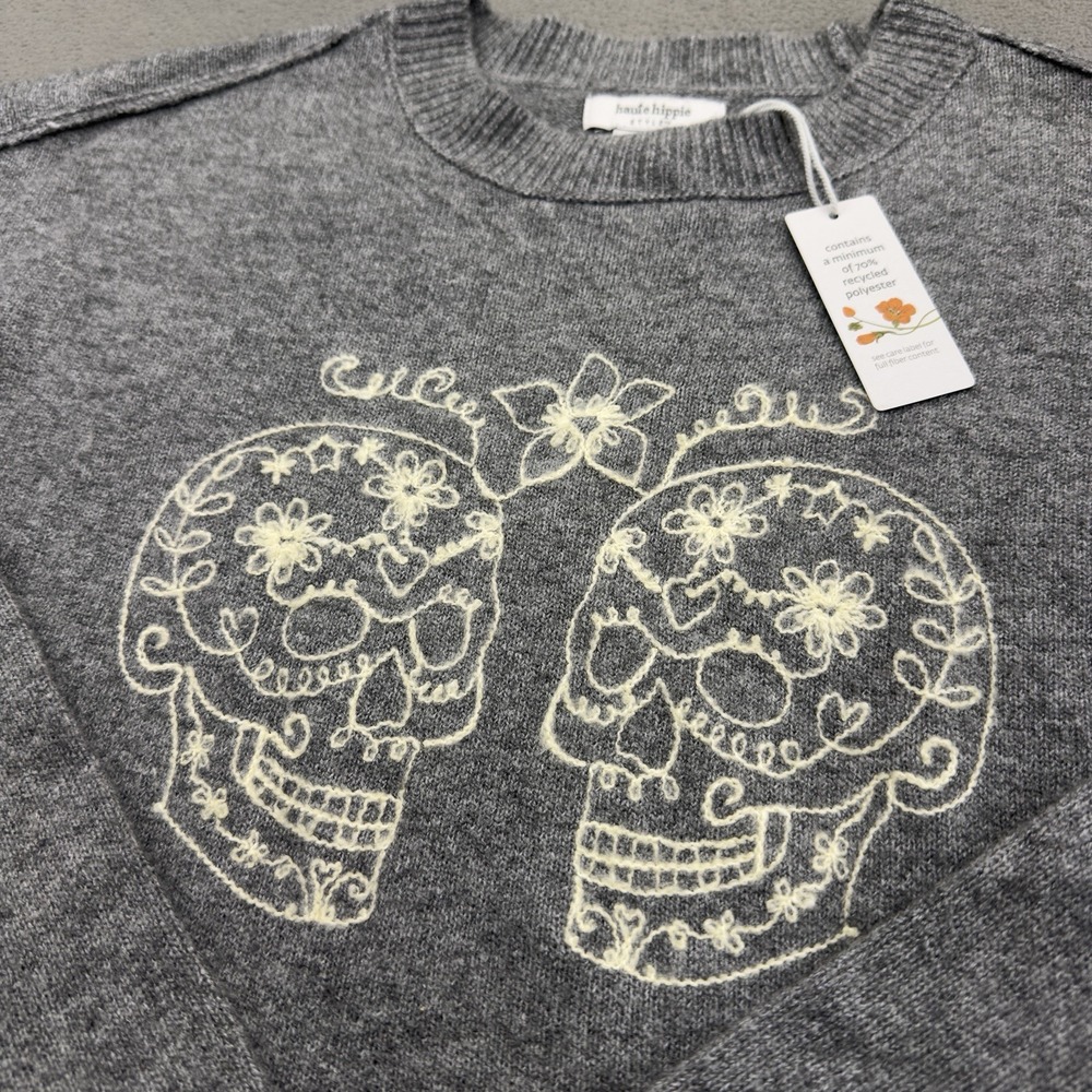 Haute Hippie Halloween Sugar Skulls Sweater Size XS Gray Cropped Rolled Hem NWT
